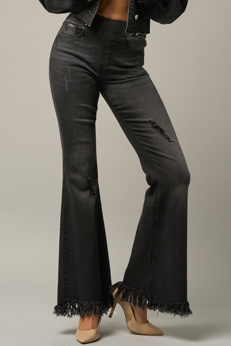Black Elastic Banded Long Frayed Flare Jeans