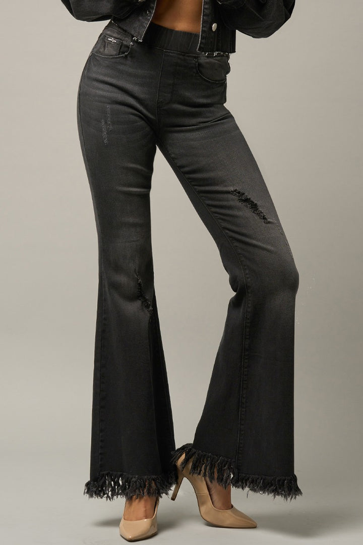 Black Elastic Banded Long Frayed Flare Jeans