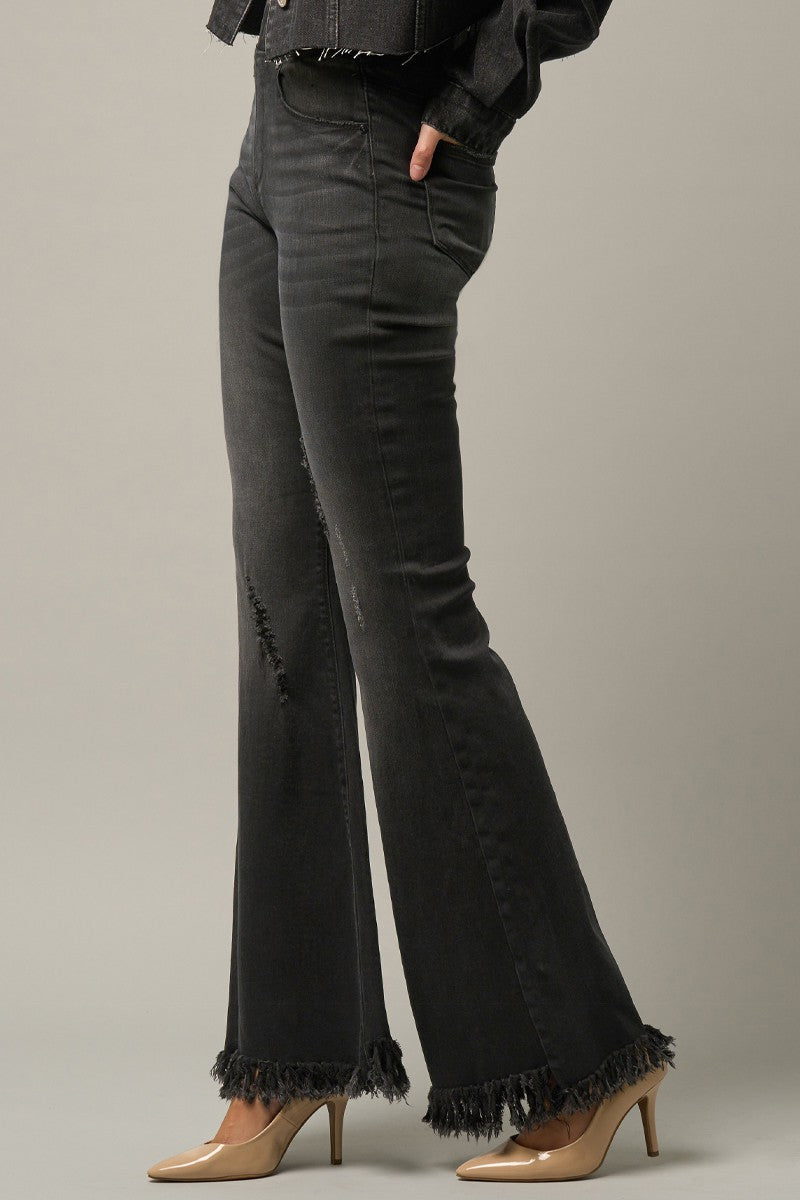 Black Elastic Banded Long Frayed Flare Jeans