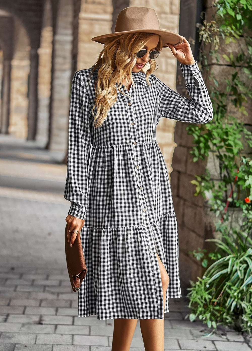 Black Gingham Long Sleeve Dress