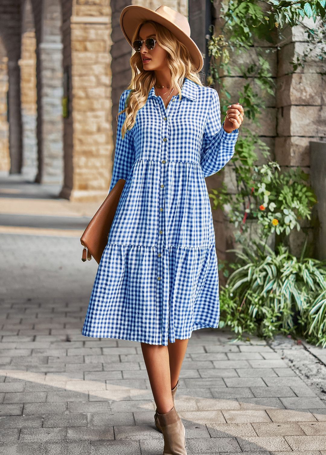 Black Gingham Long Sleeve Dress