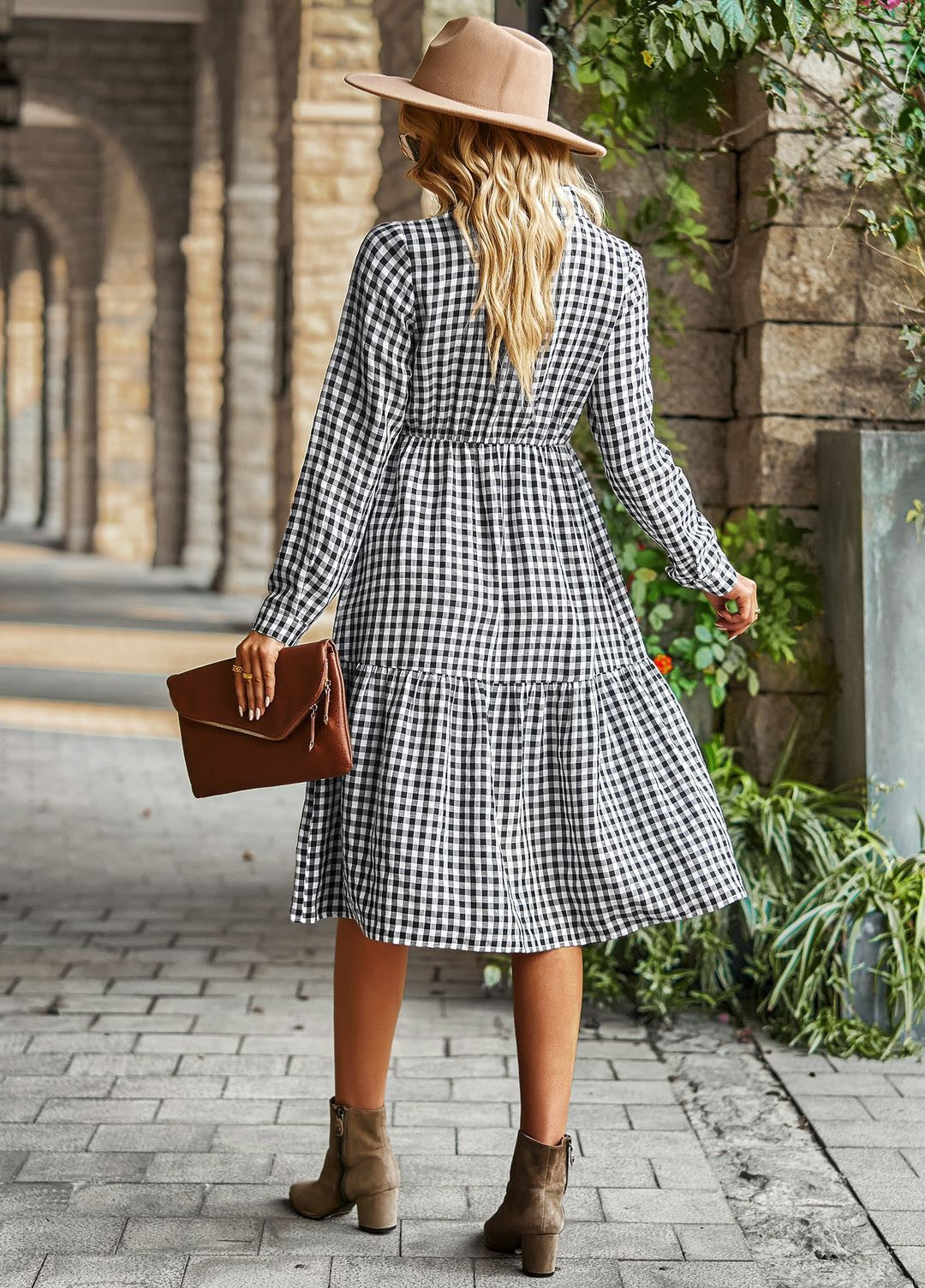 Black Gingham Long Sleeve Dress