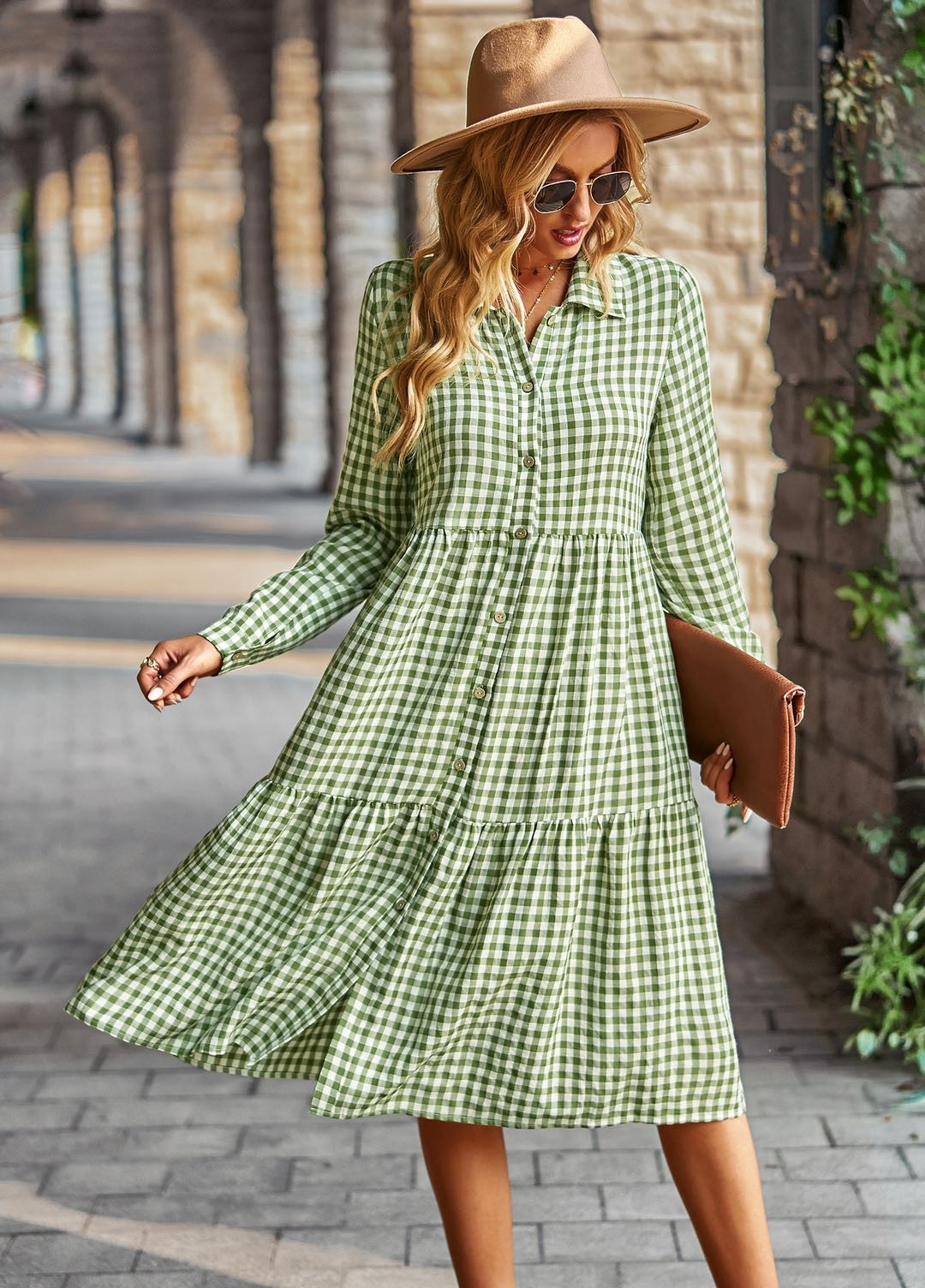 Black Gingham Long Sleeve Dress