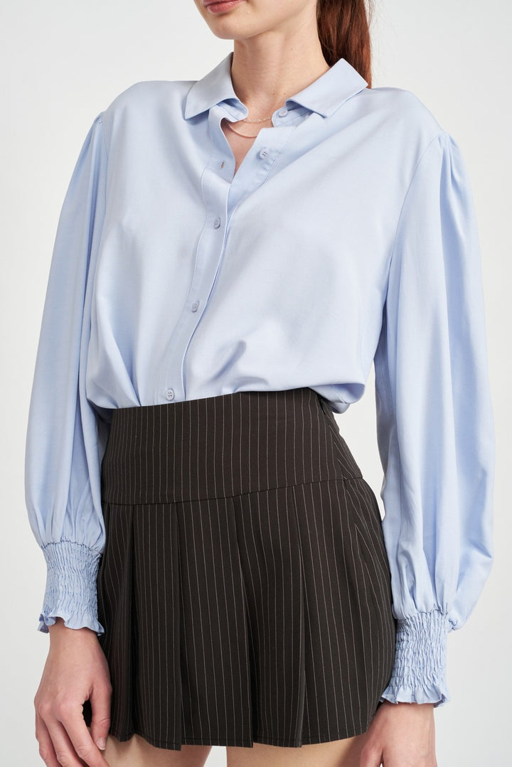 Button Up Collared Blouse With Smocking