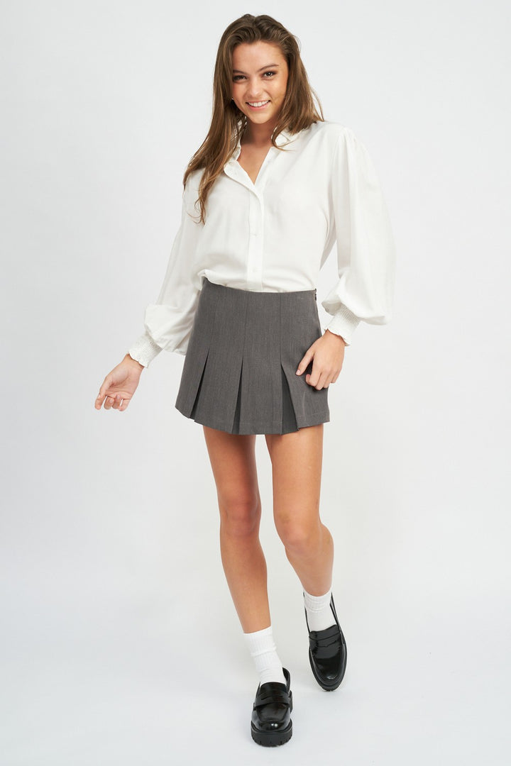 Button Up Collared Blouse With Smocking