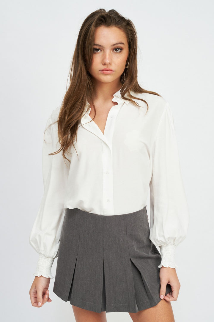 Off White Button Up Collared Blouse With Smocking