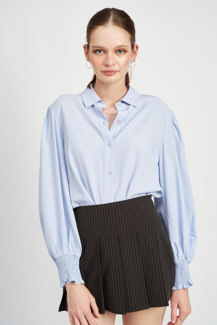 Button Up Collared Blouse With Smocking