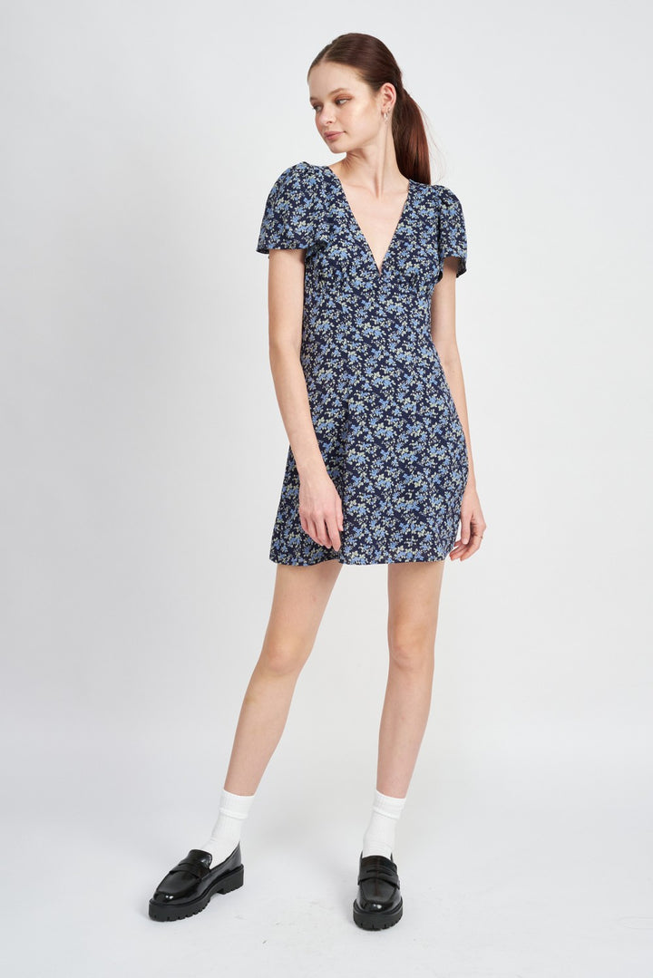 Deep V Neck Floral Dress