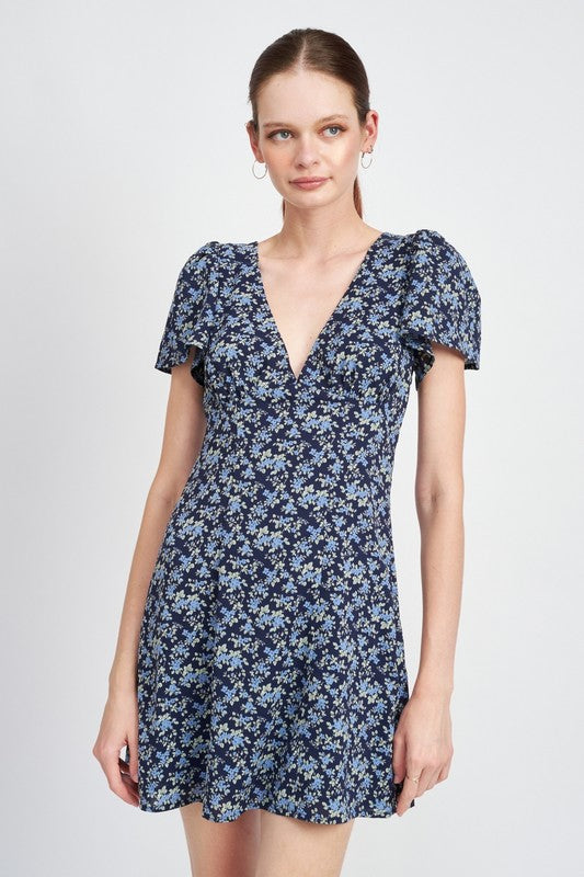 Navy Floral Deep V Neck Floral Dress