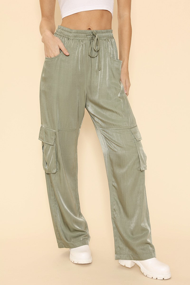 Olive Satin Wide Leg Cargo Pants