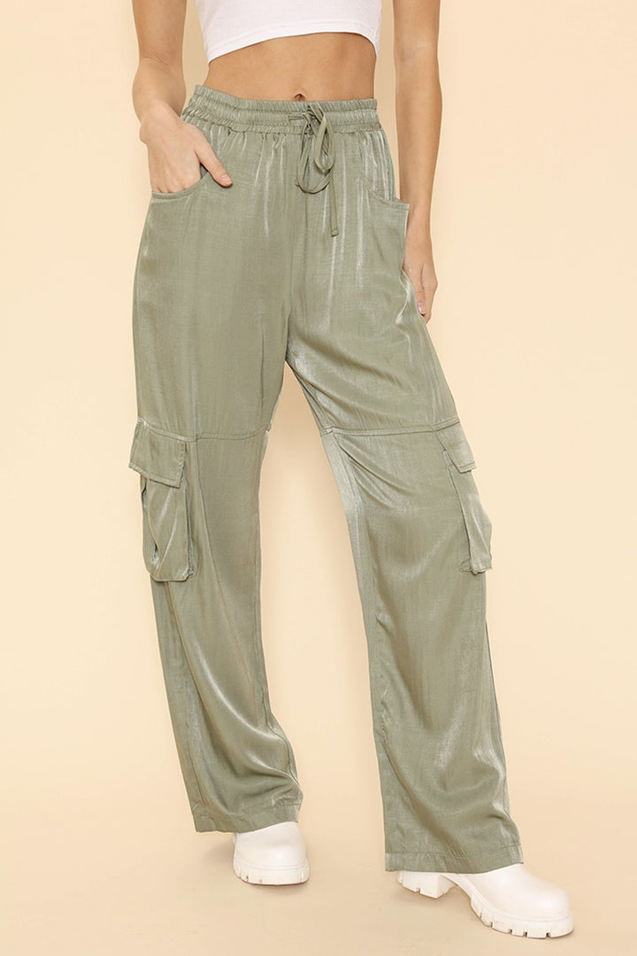 Olive Satin Wide Leg Cargo Pants