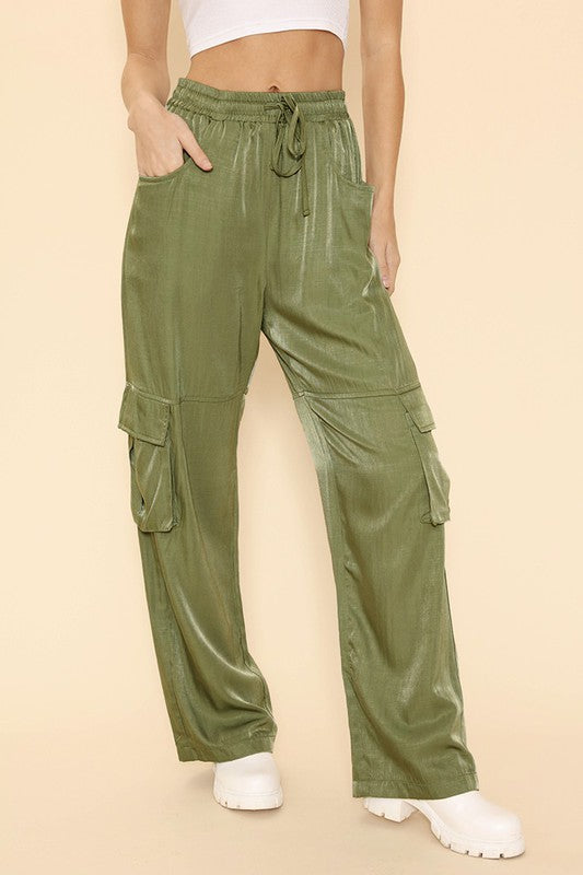 Olive Satin Wide Leg Cargo Pants