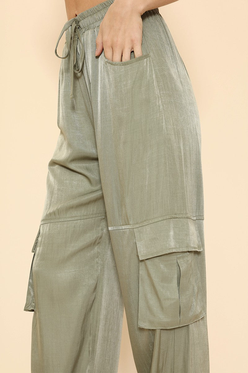 Satin Wide Leg Cargo Pants