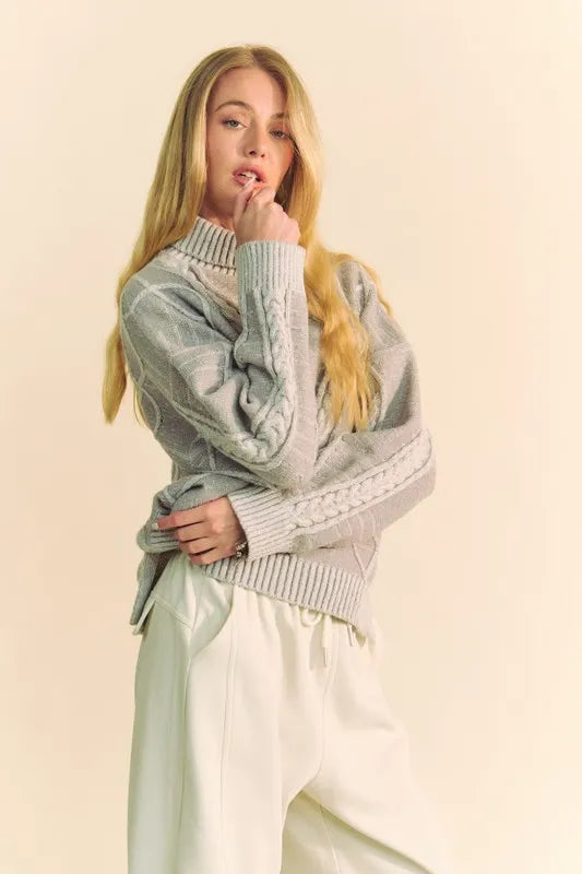 Davi Dani Cable Knit Turtleneck Dropped Shoulder Sweater