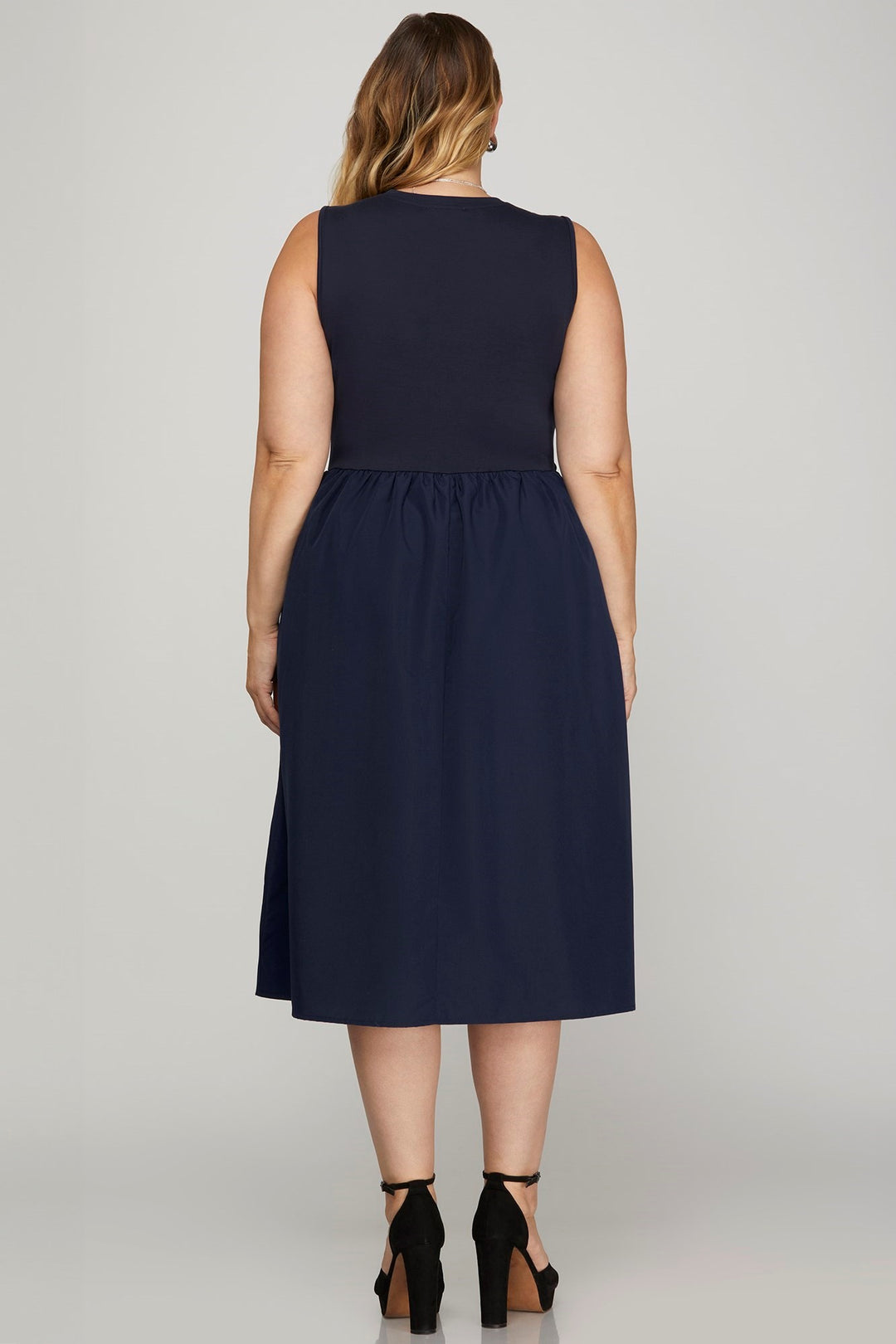 Dark Navy She Sky Full Size Sleeveless Poplin Woven Midi Dress With Pockets Plus Size