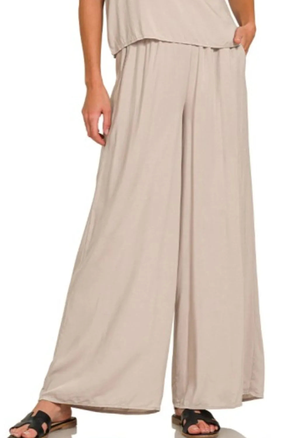 Ash Mocha Zenana Round Neck T Shirt And Wide Leg Pants Set 2