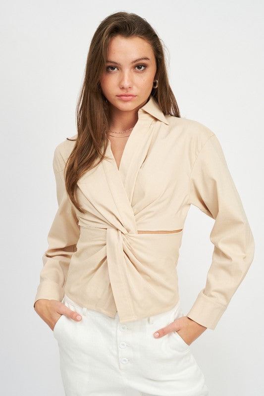Natural Long Sleeve Twist Front Top