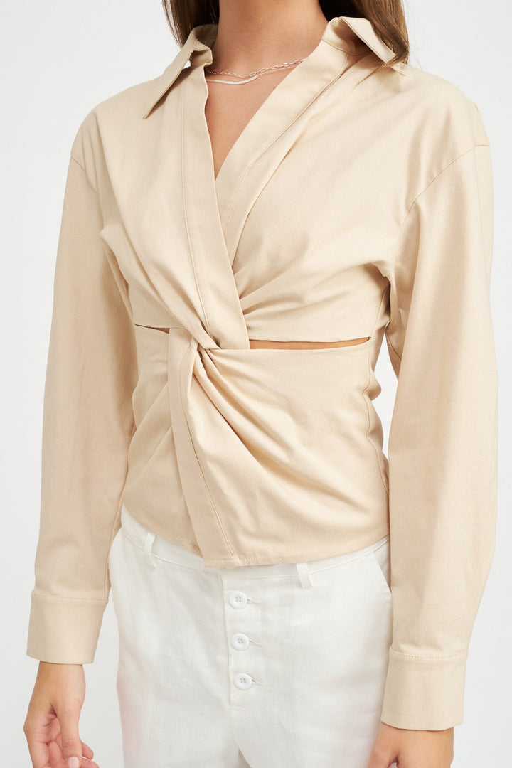 Natural Long Sleeve Twist Front Top
