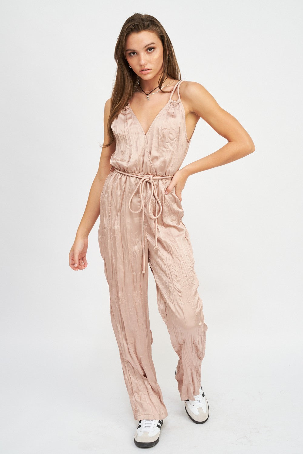 Beige Pleared Wide Leg Jumpsuit