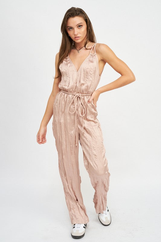 Beige Pleared Wide Leg Jumpsuit