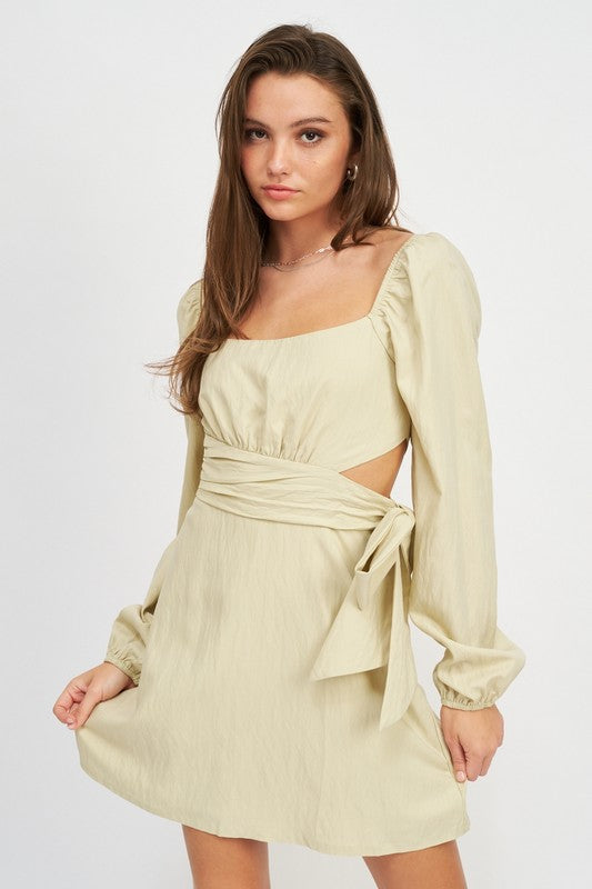 Off White Long Sleeve Tie Waist Mini Dress