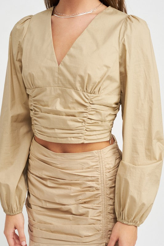 Sand V Neck Shirred Crop Top