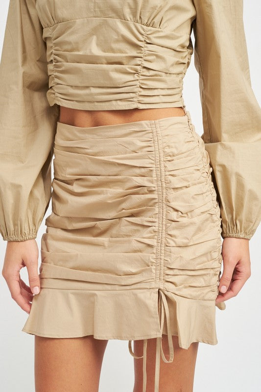 Sand Ruched High Waisted Mini Skirt