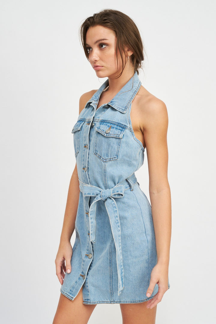 Button Down Denim Mini Dress With Belt