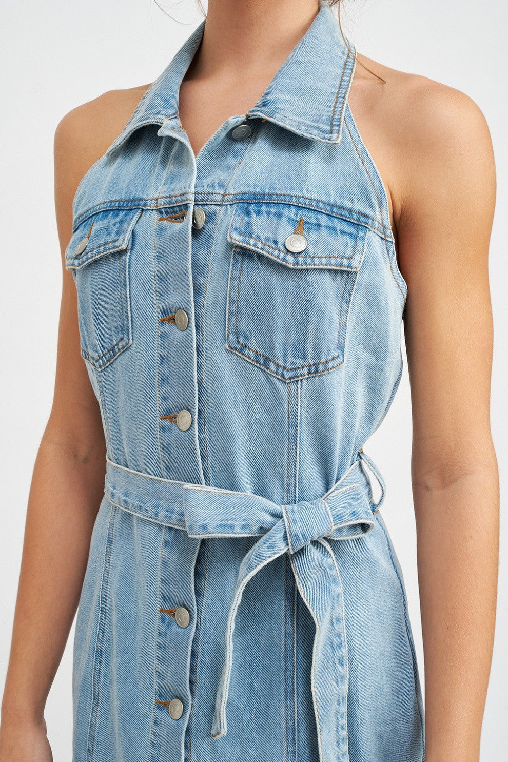 Denim Button Down Denim Mini Dress With Belt