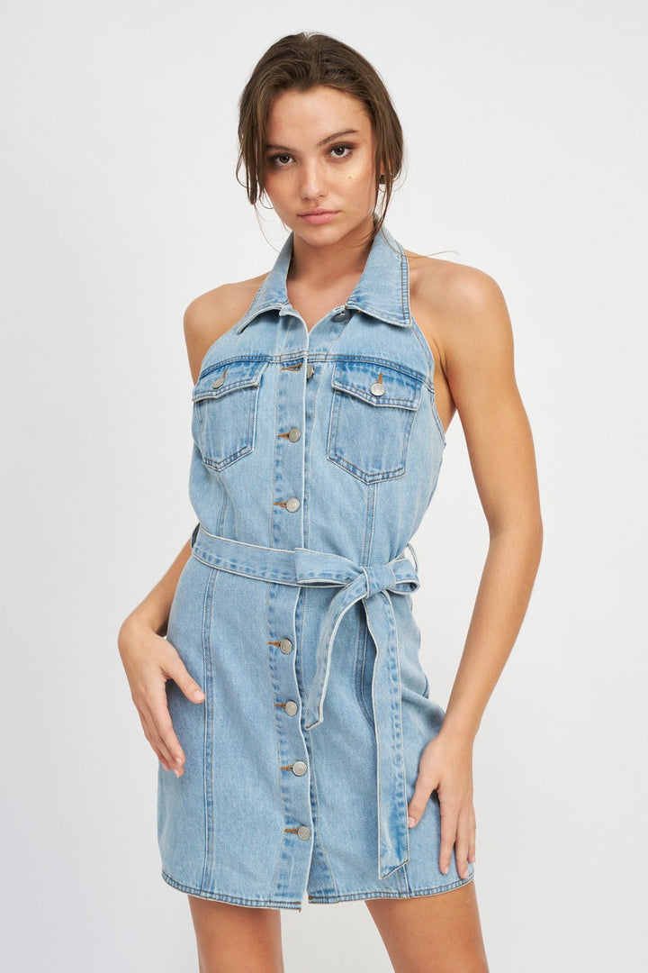 Denim Button Down Denim Mini Dress With Belt