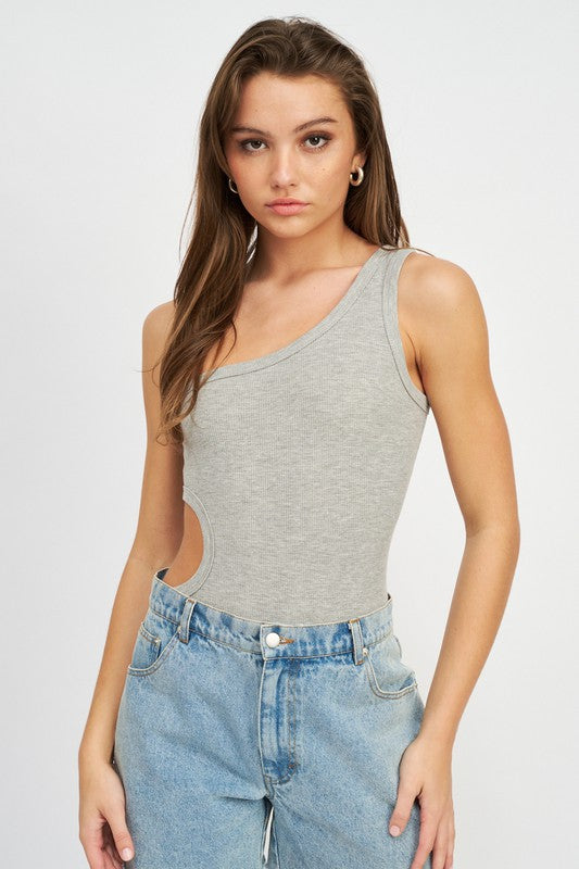H Grey Off Sleeve Bodysuit With Side Cut Out