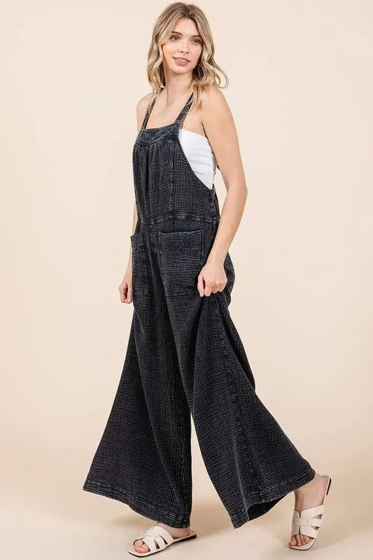 Washed Black Mittoshop Textured Wide Leg Overalls 1