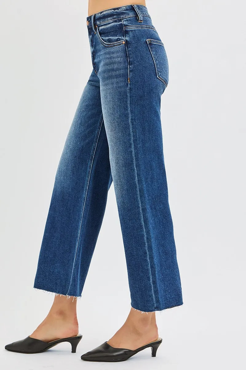 Dark Risen Full Size Mid Rise Crop Wide Raw Cut Hem Jeans Plus Size