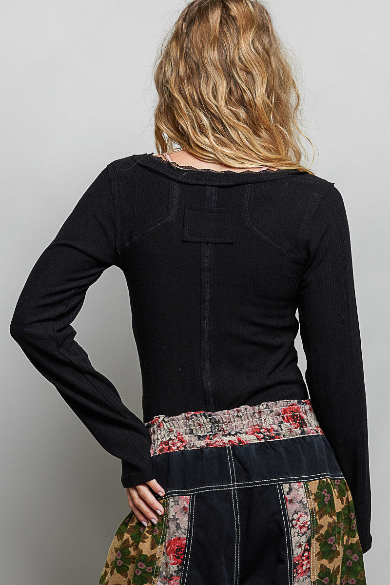 Pol V Neck Long Sleeve Ribbed Top With Lace Accent Neckband 3