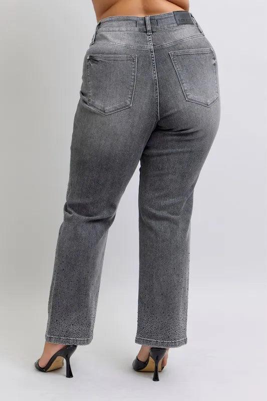 Gry Judy Blue Full Size High Waist Rhinestone Straight Jeans Plus Size
