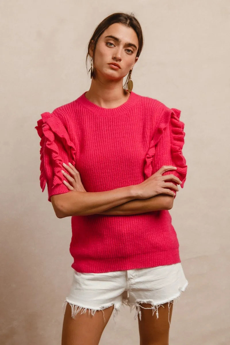 Fuchsia Bibi Ruffle Sleeve Ribbed Sweater