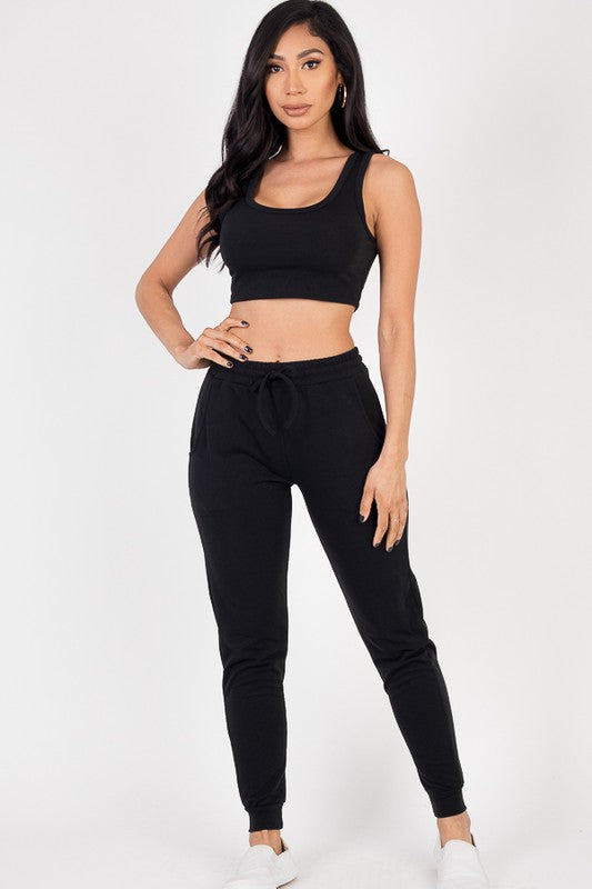 White French Terry Cropped Tank Top Joggers Set