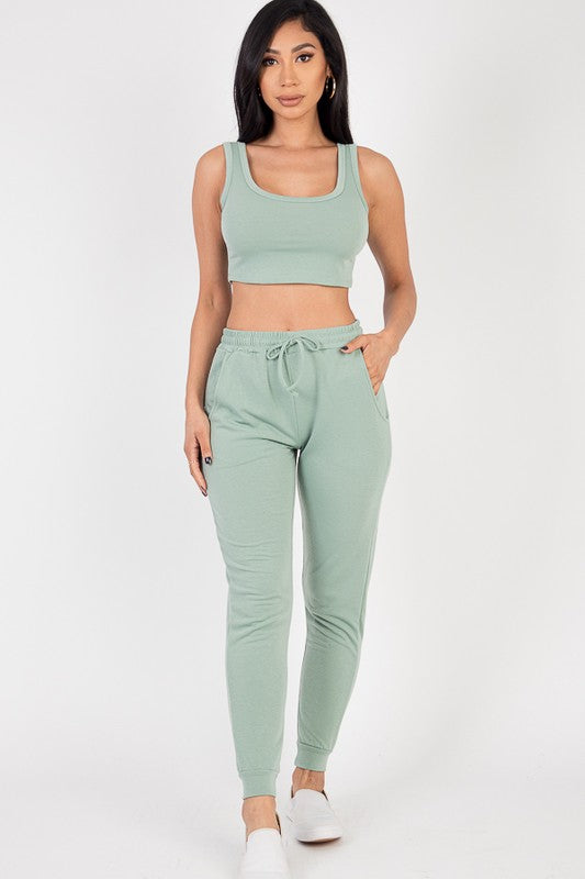 Taupe French Terry Cropped Tank Top Joggers Set