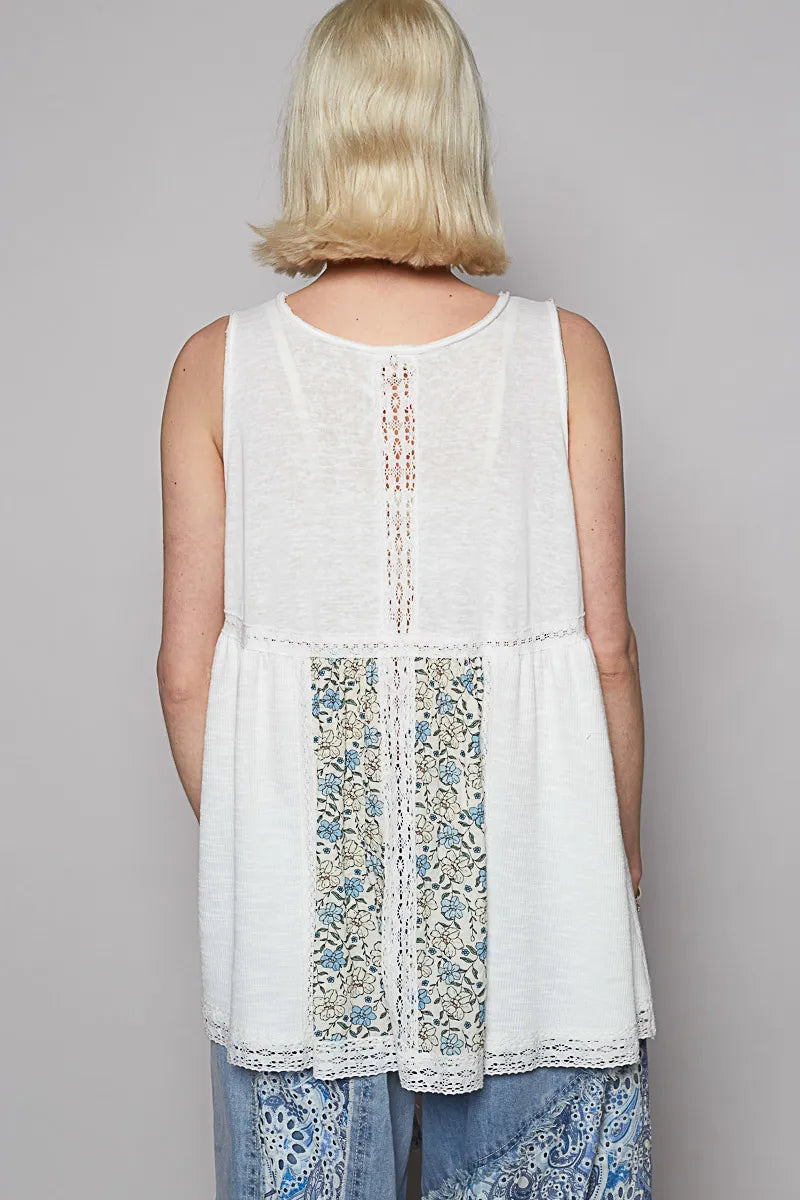 Offwhite Pol V Neck Sleeveless Tank Top With Lace Detail