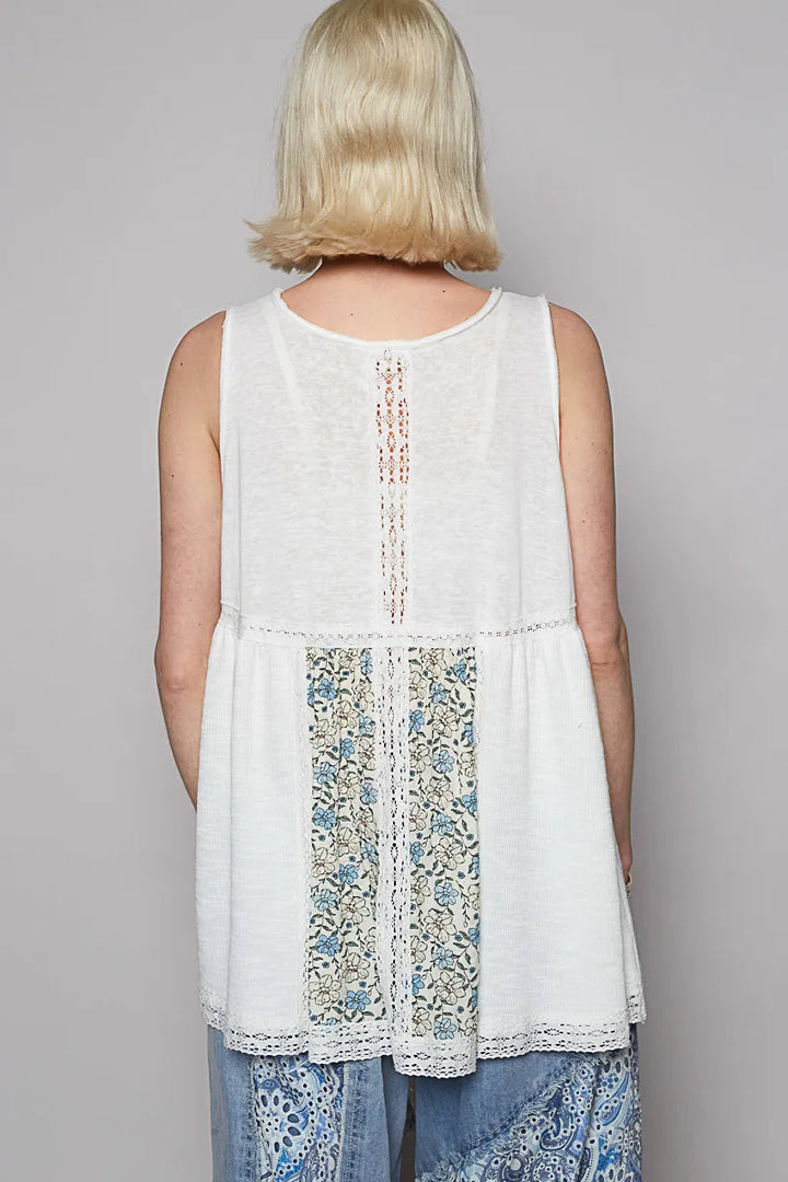 Offwhite Pol V Neck Sleeveless Tank Top With Lace Detail