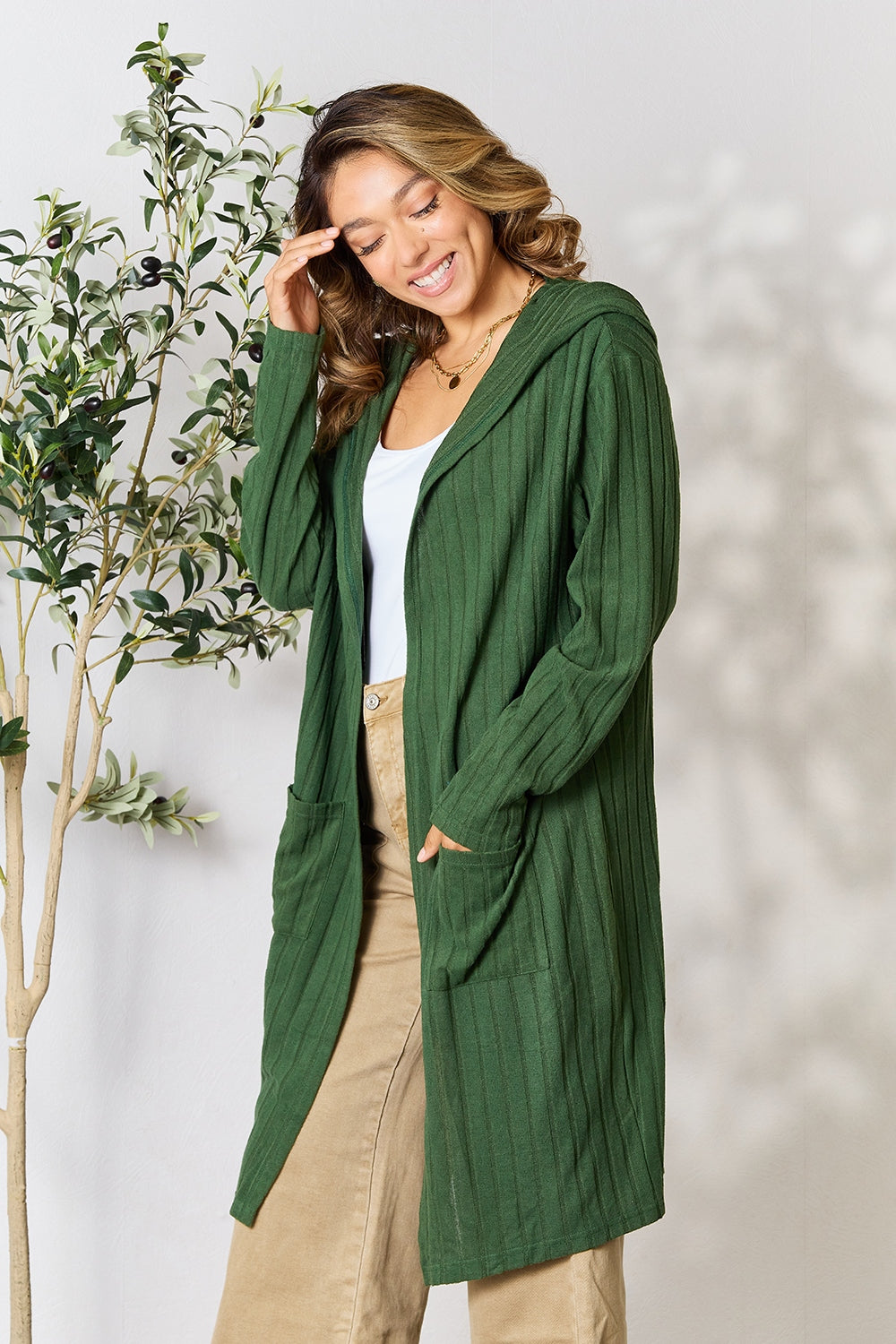 Dark Green Basic Bae Full Size Hooded Sweater Cardigan