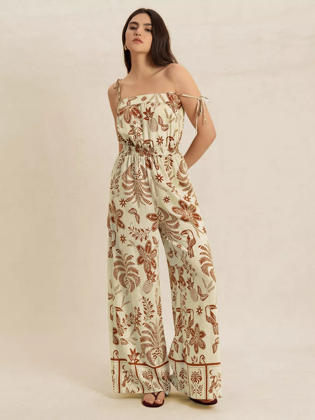 Tan Tie Strap Wide Leg Jumpsuit