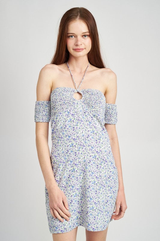 Blue Floral Off Shoulder Smocked Babydoll Dress