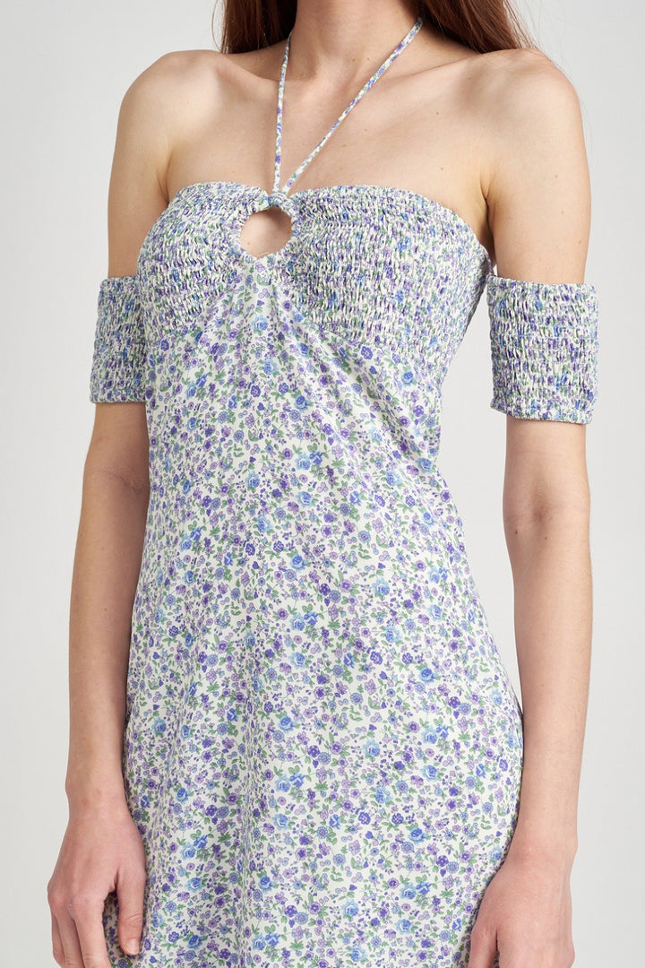 Blue Floral Off Shoulder Smocked Babydoll Dress