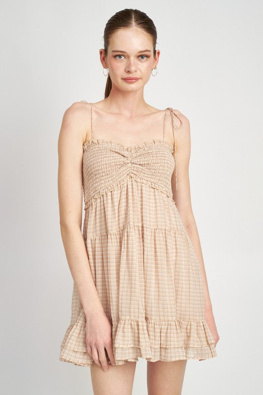 White Tan Smocked Baby Doll Dress With Ruffled