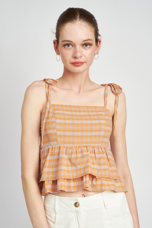Tangerine Plaid Shoulder Tied Babydoll Top