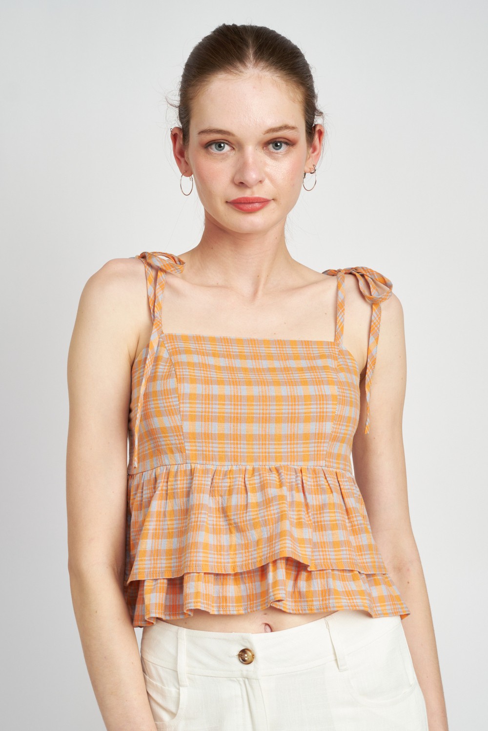 Plaid Shoulder Tied Babydoll Top