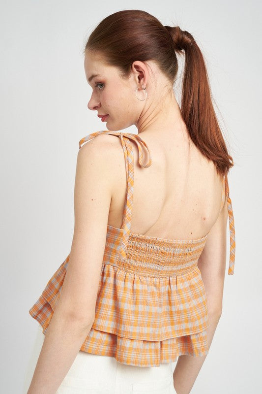 Plaid Shoulder Tied Babydoll Top