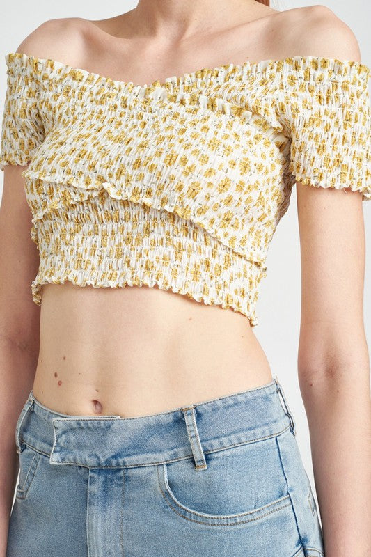 Yellow Sound Neck Floral Smocked Top