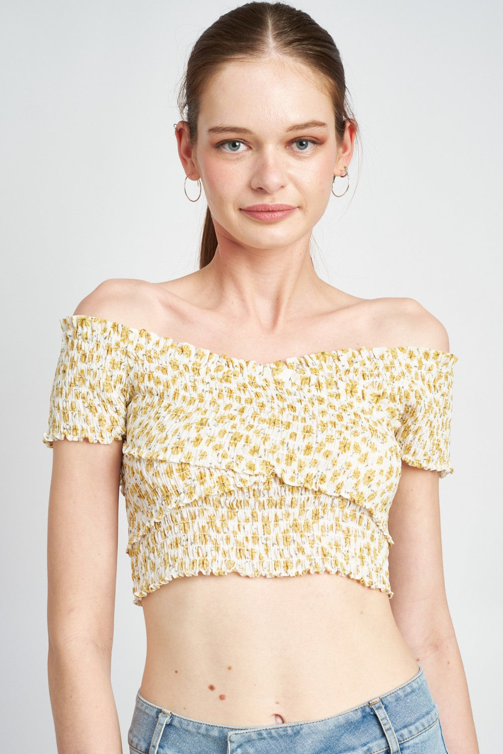 Yellow Sound Neck Floral Smocked Top